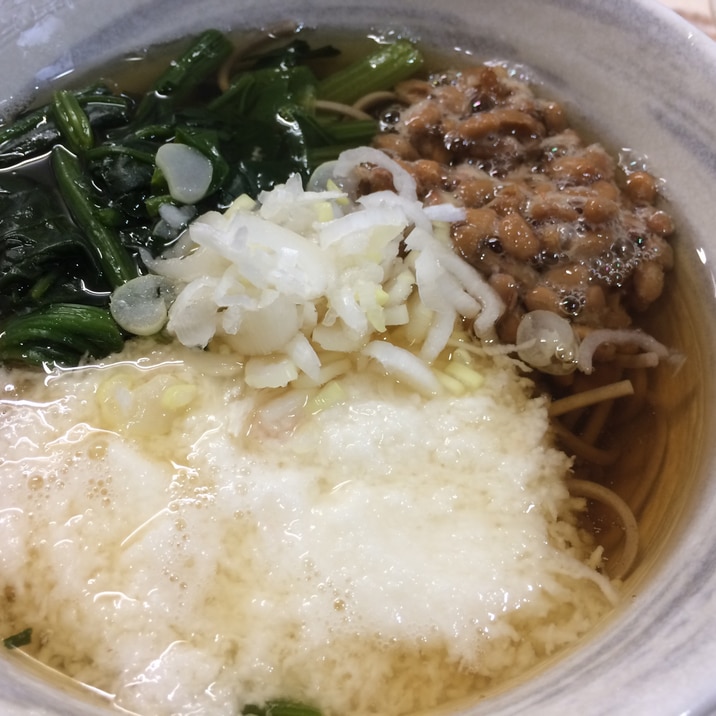 妊婦食に☆とろろと納豆とほうれん草の温蕎麦